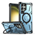 Magnetic ring drop-resistant phone case for Apple Samsung in black with bracket-style design.