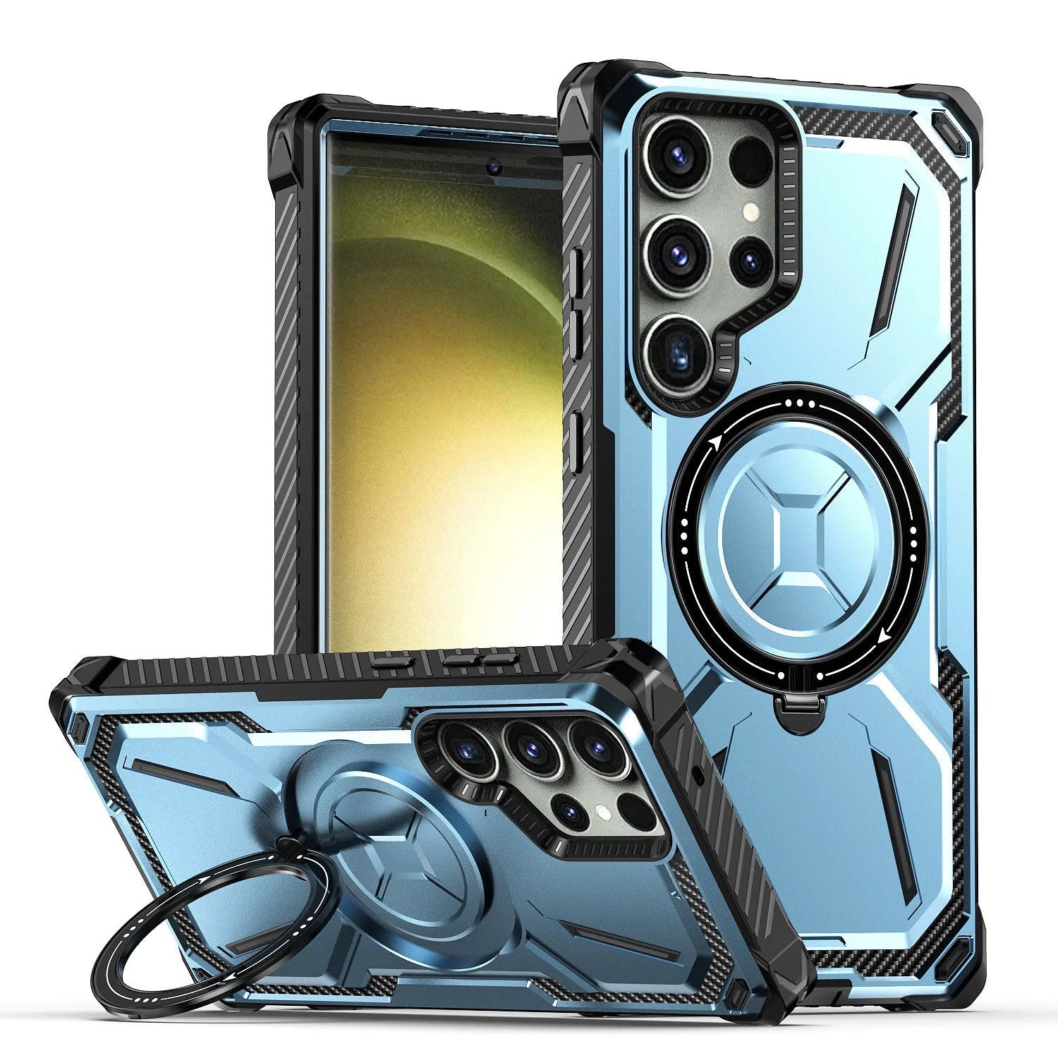 Magnetic ring drop-resistant phone case for Apple Samsung in black with bracket-style design.
