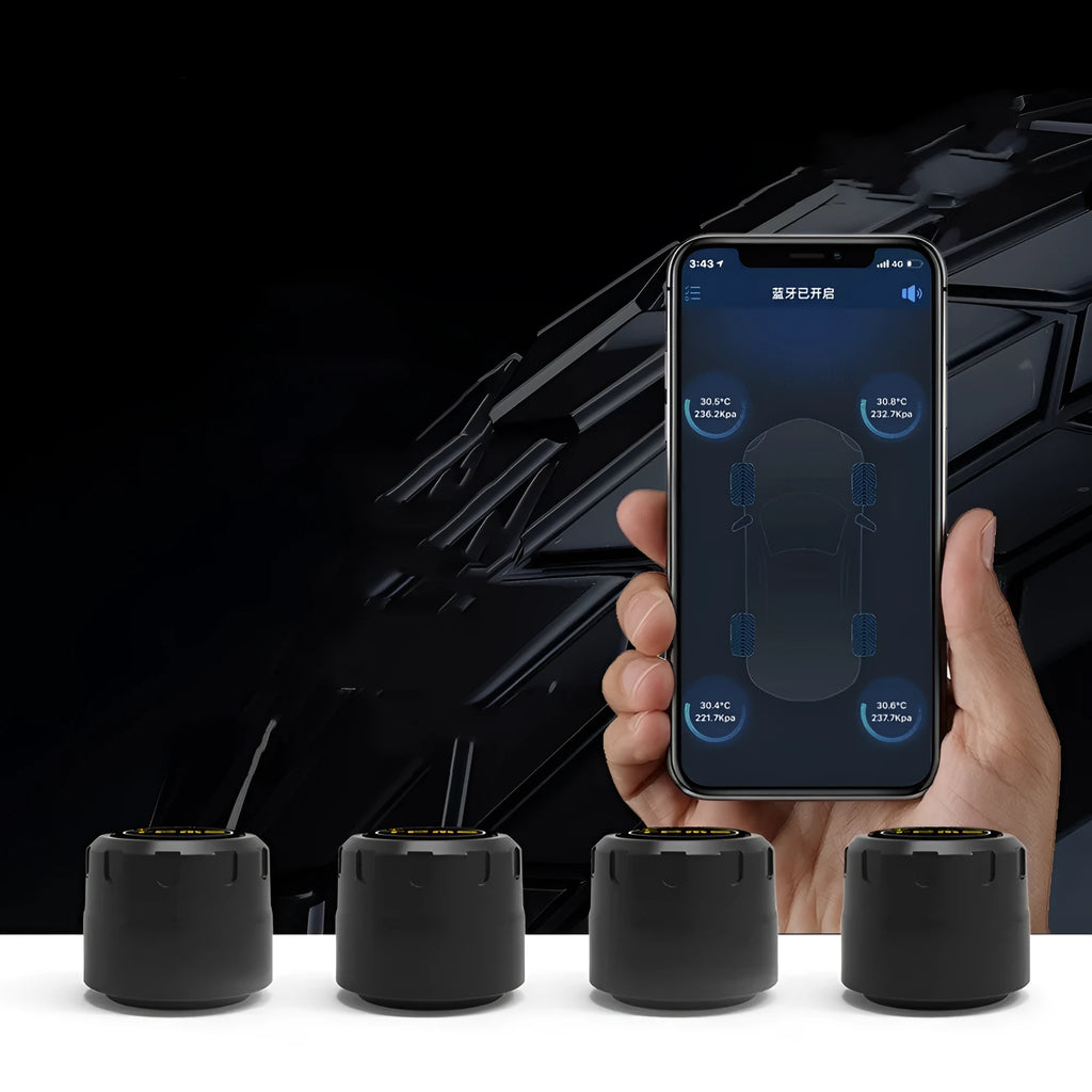 Bluetooth car tyre pressure monitoring system with four black external sensors and installation tools.