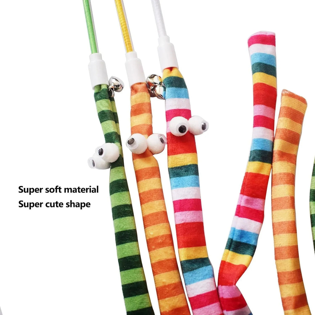 Cat wand toy with polycarbonate pole and long plush strip in vibrant colours