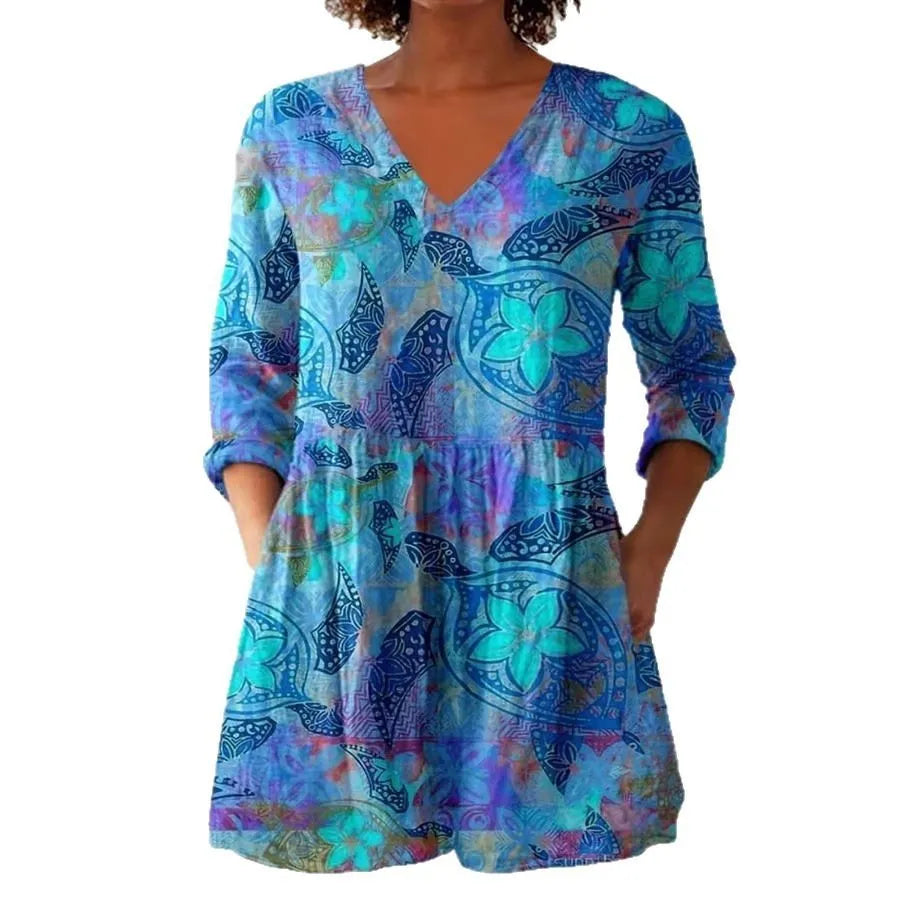 Women's retro-style slim fit long-sleeved top with a printed pattern, shown in a selected colour.