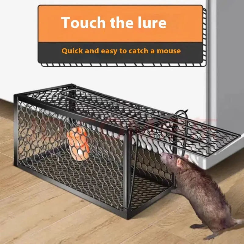 Automatic metal and plastic mouse cage trap in small, medium, and large sizes for indoor use.