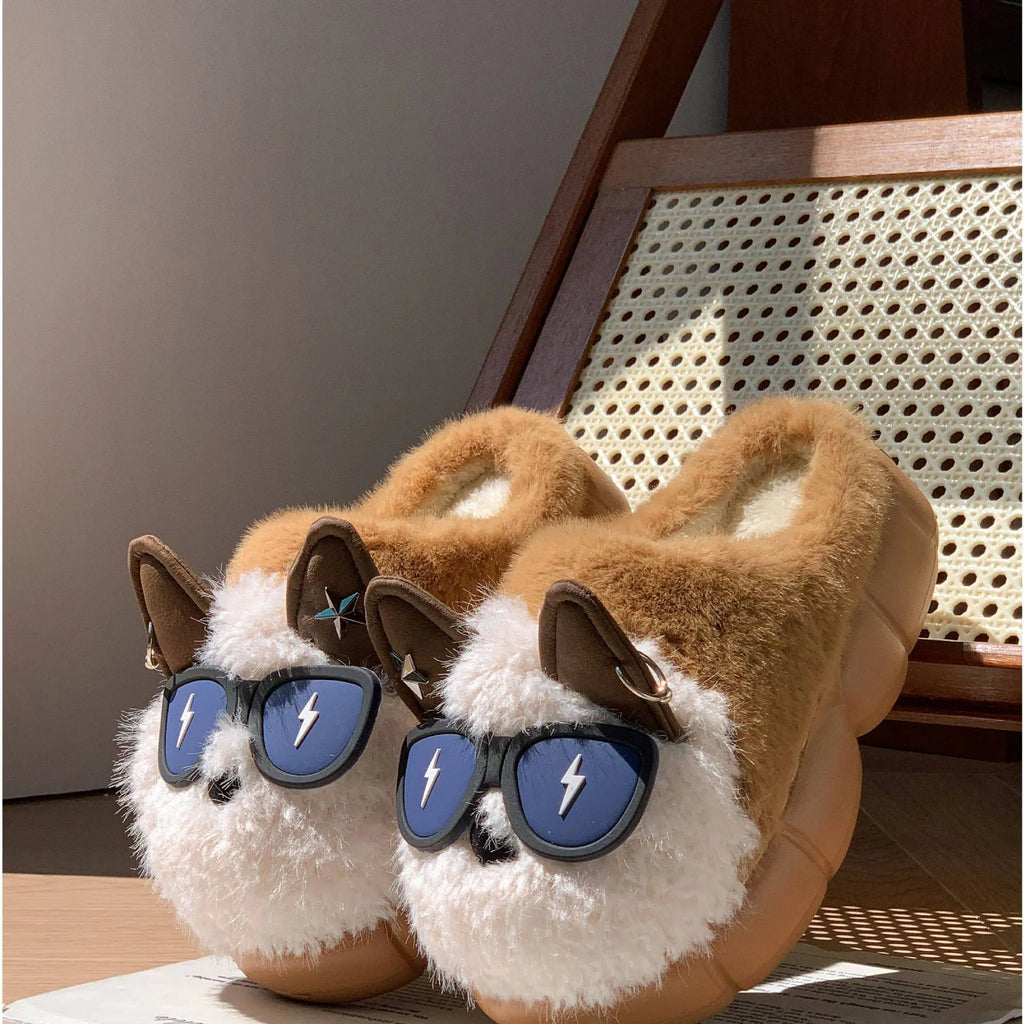 Thick-soled non-slip cotton slippers with plush upper and puppy design in black, white or coffee