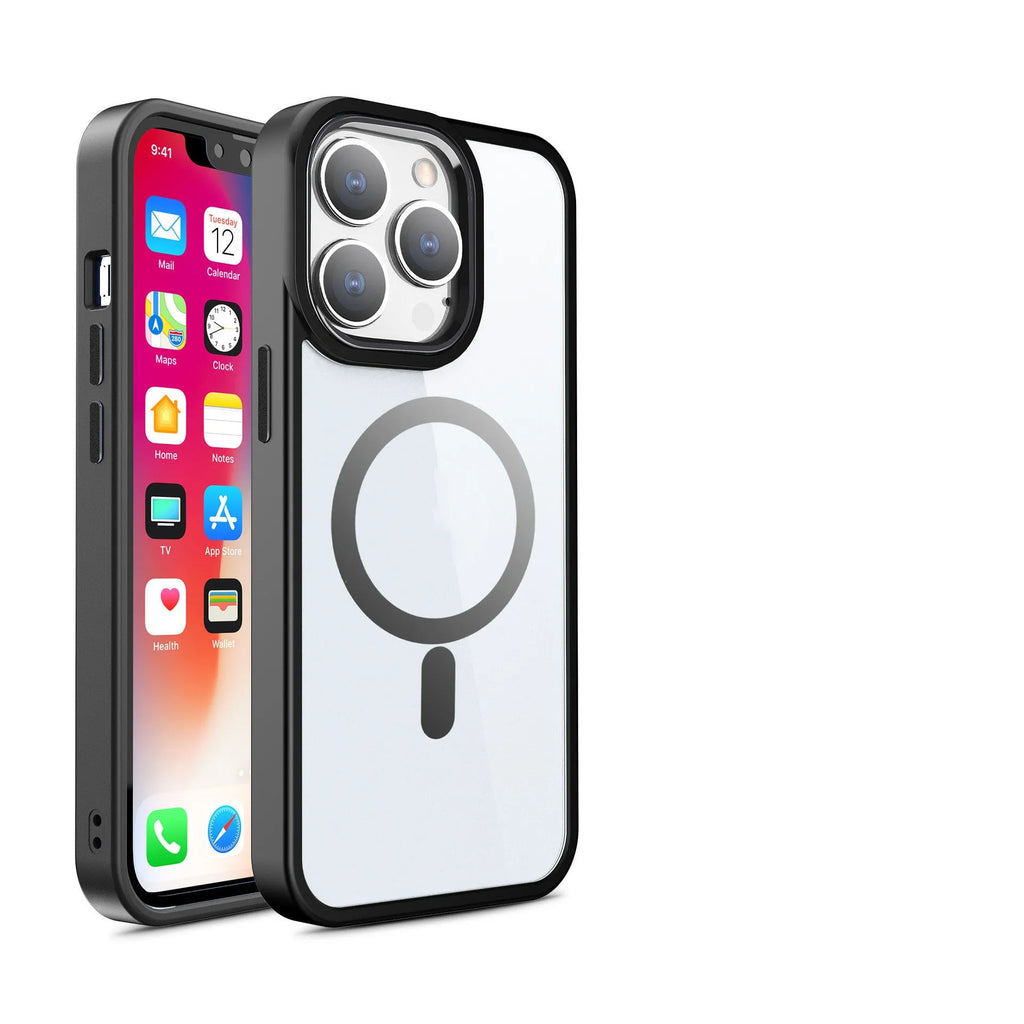Transparent magnetic silicone phone case for iPhone on a table, showing the solid colour accent and integrated ring.