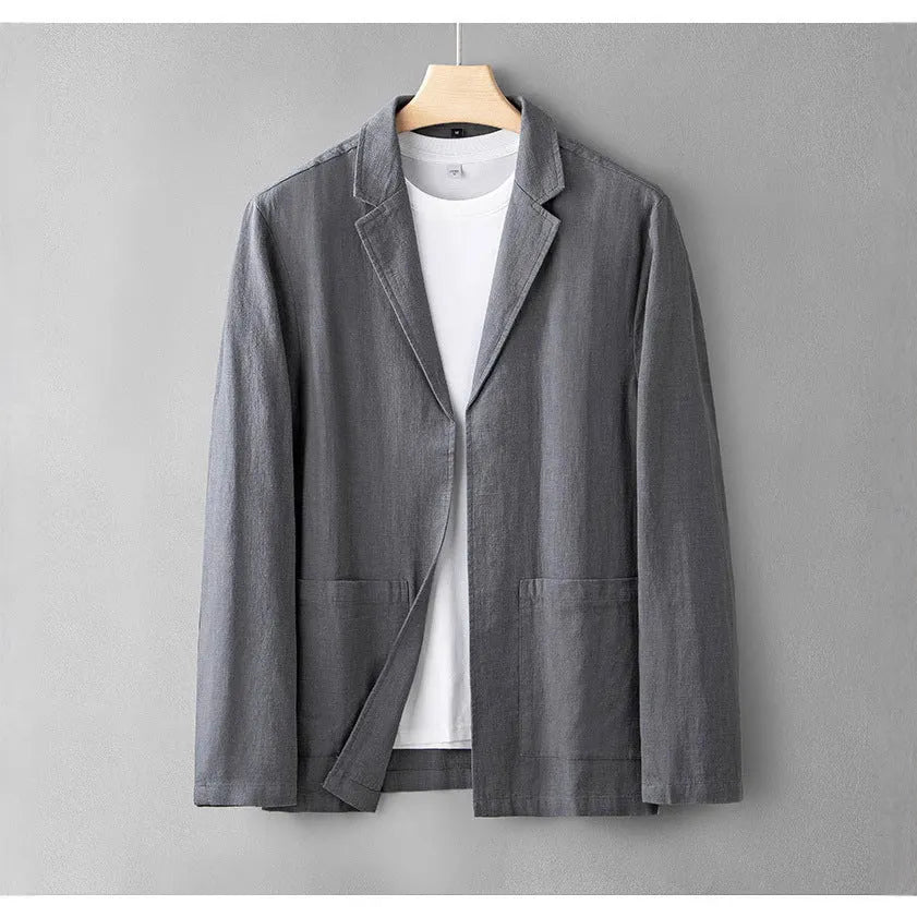 Solid colour linen long sleeve leisure suit jacket for men in apricot with button front