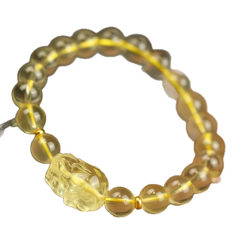 Yellow leather Pi Xiu bracelet with artificial crystal beads in Chinese simple style