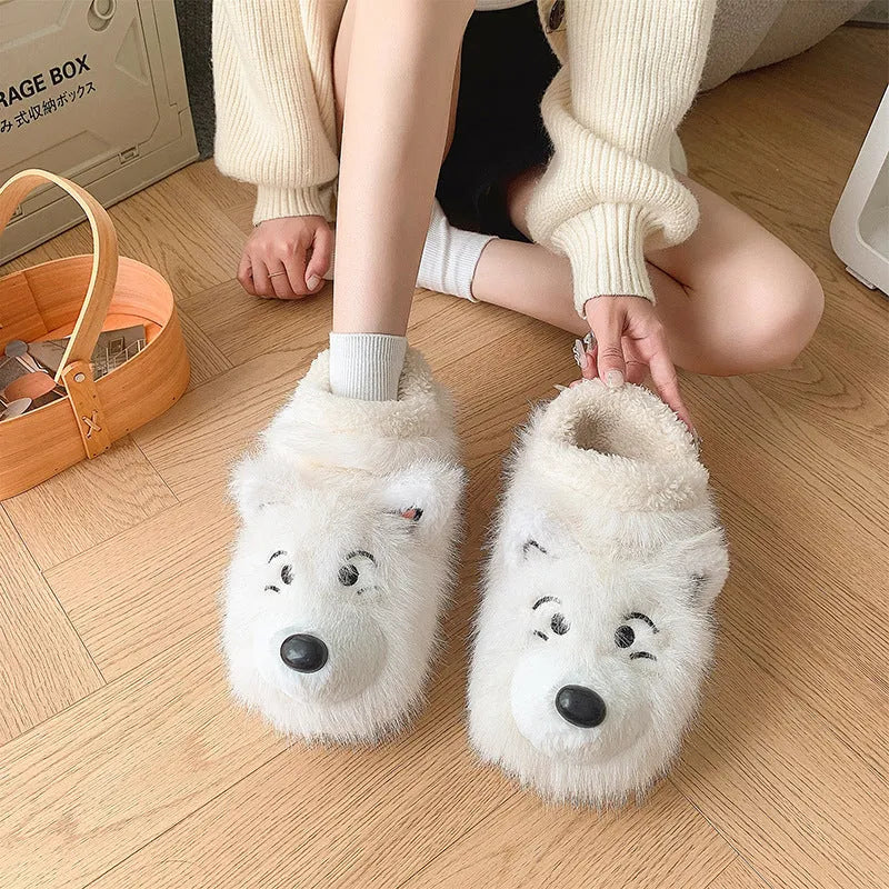 Grey ankle wrap cotton slippers with plush upper and non-slip soles for indoor home use