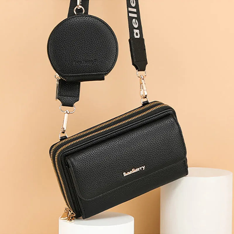 Two lychee-textured composite crossbody bags with letter print and small coin purse in pink and dark blue