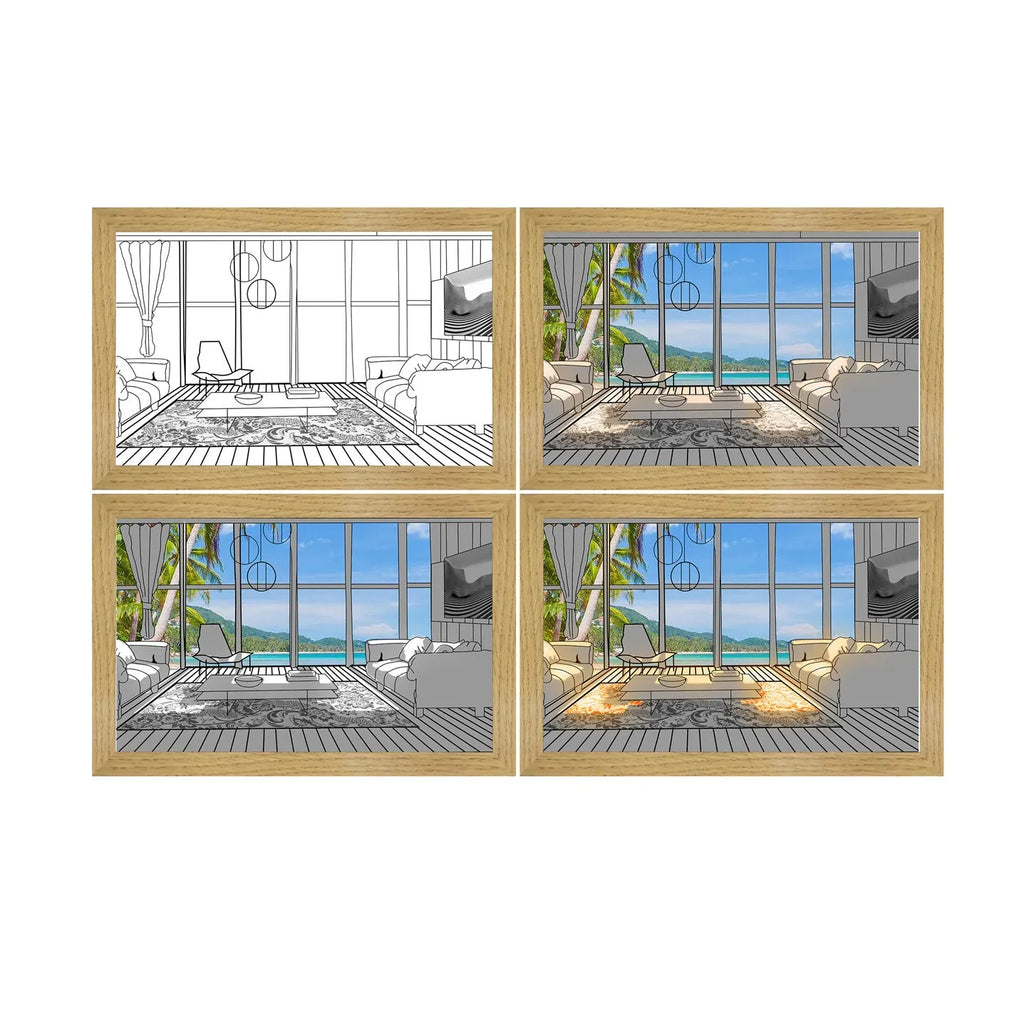 LED illuminated decorative picture showing scenic artwork with adjustable lighting in wooden frame