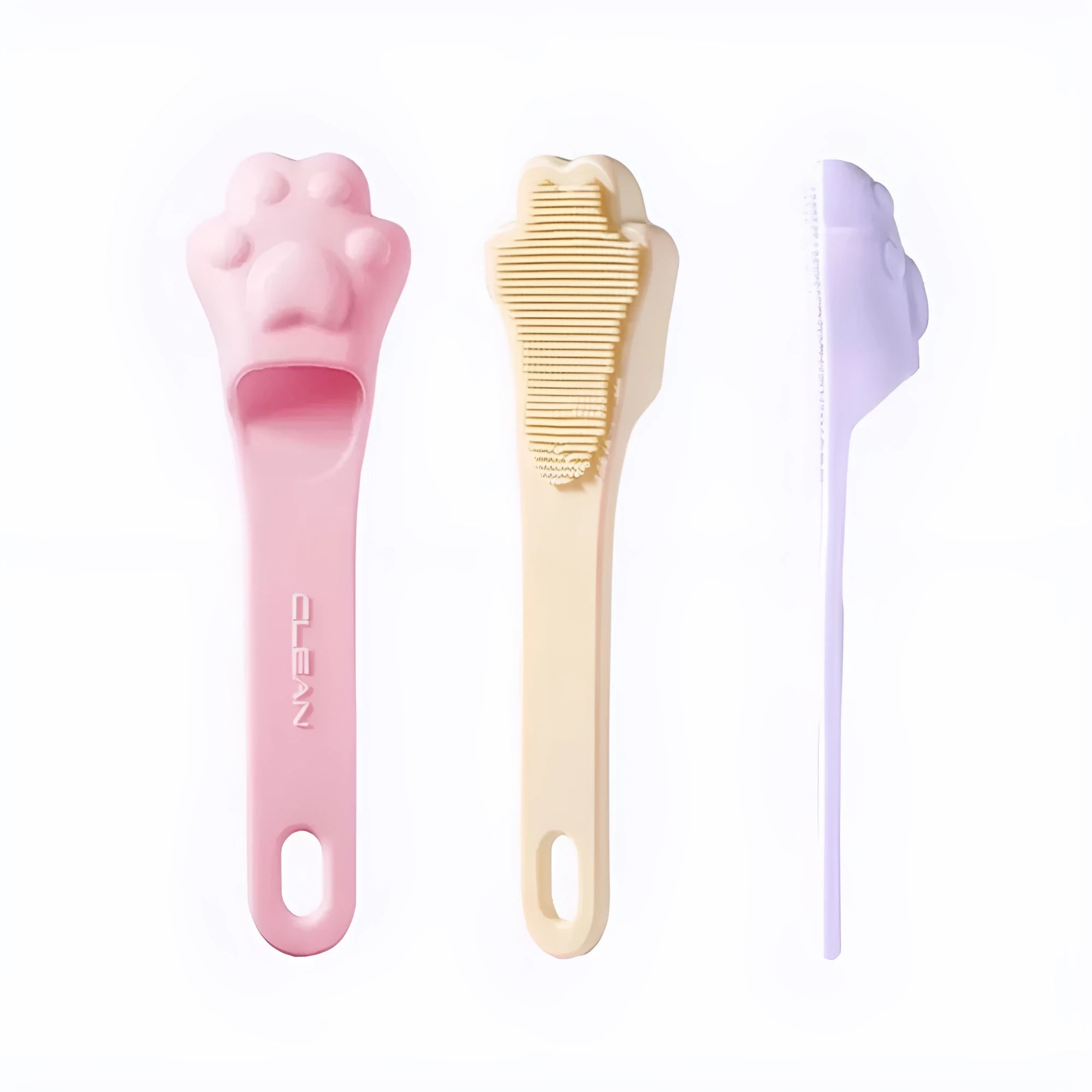 Silicone finger toothbrush for pets in pink, purple and yellow colours