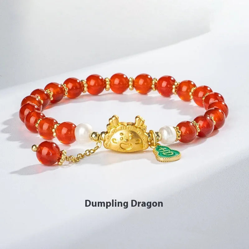Handmade natural agate bracelet with dragon zodiac charm and 8mm round beads.