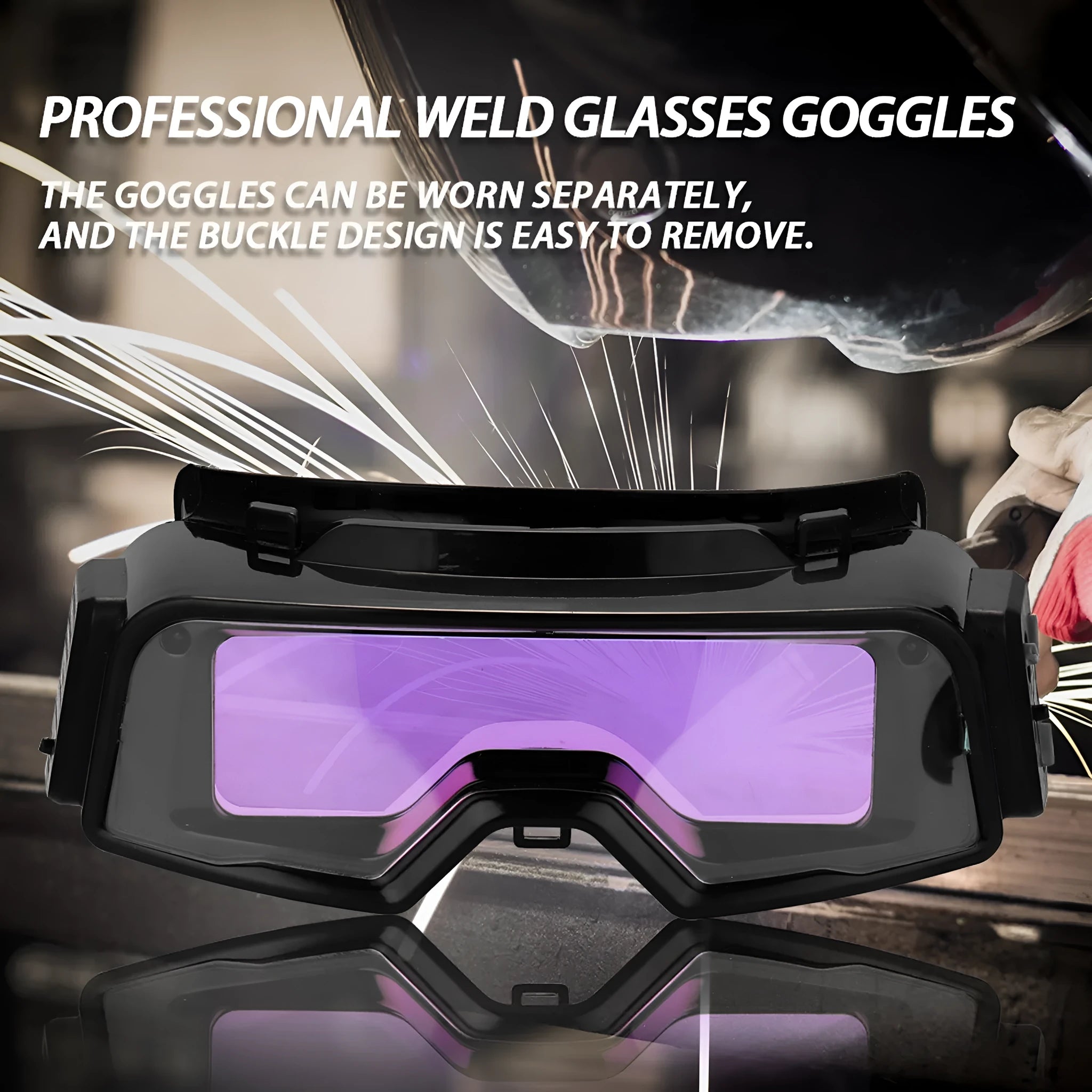 Black automatic darkening welding mask showing the large rectangular viewing lens and head strap.
