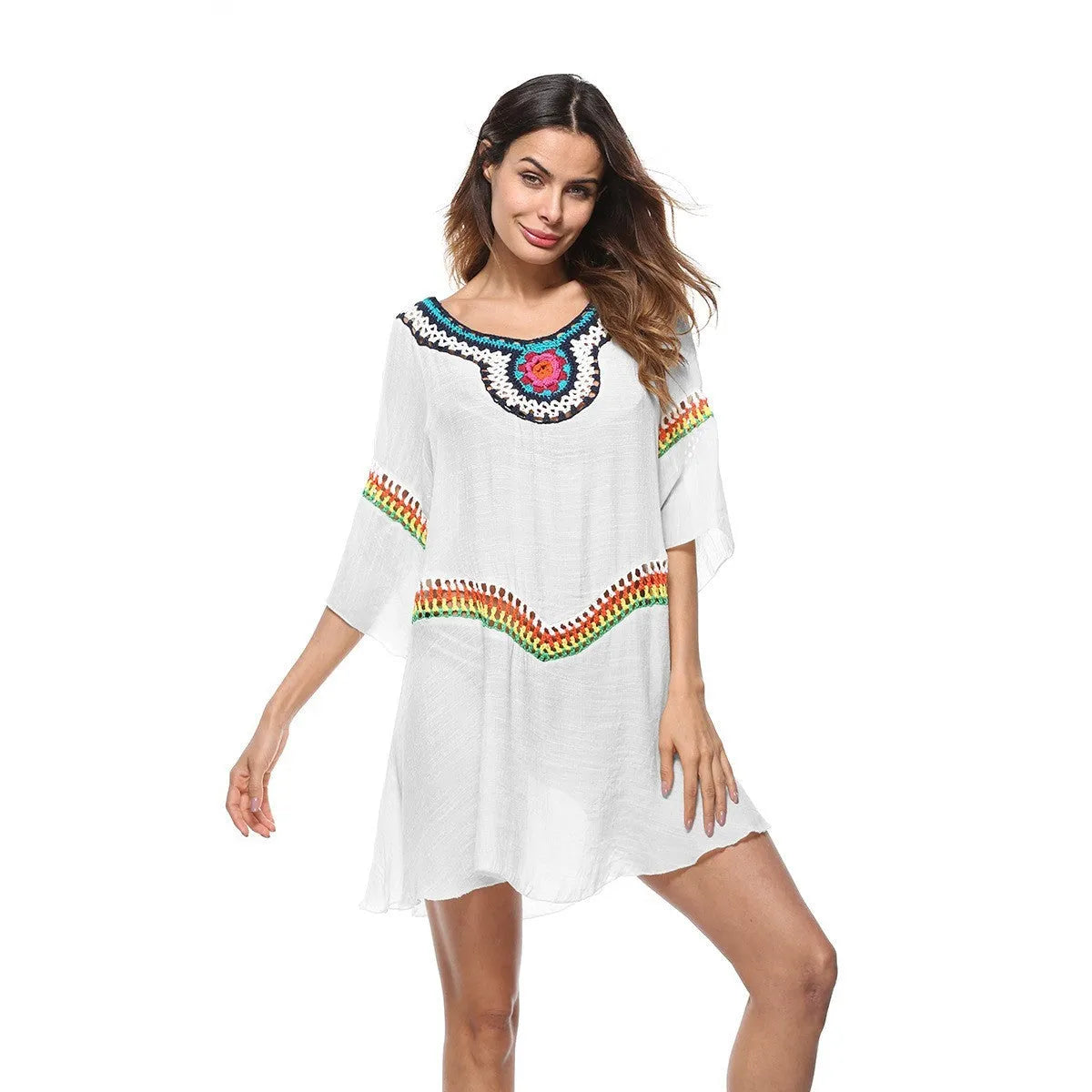 Crocheted ethnic style beach cover-up top in apricot colour for sun protection