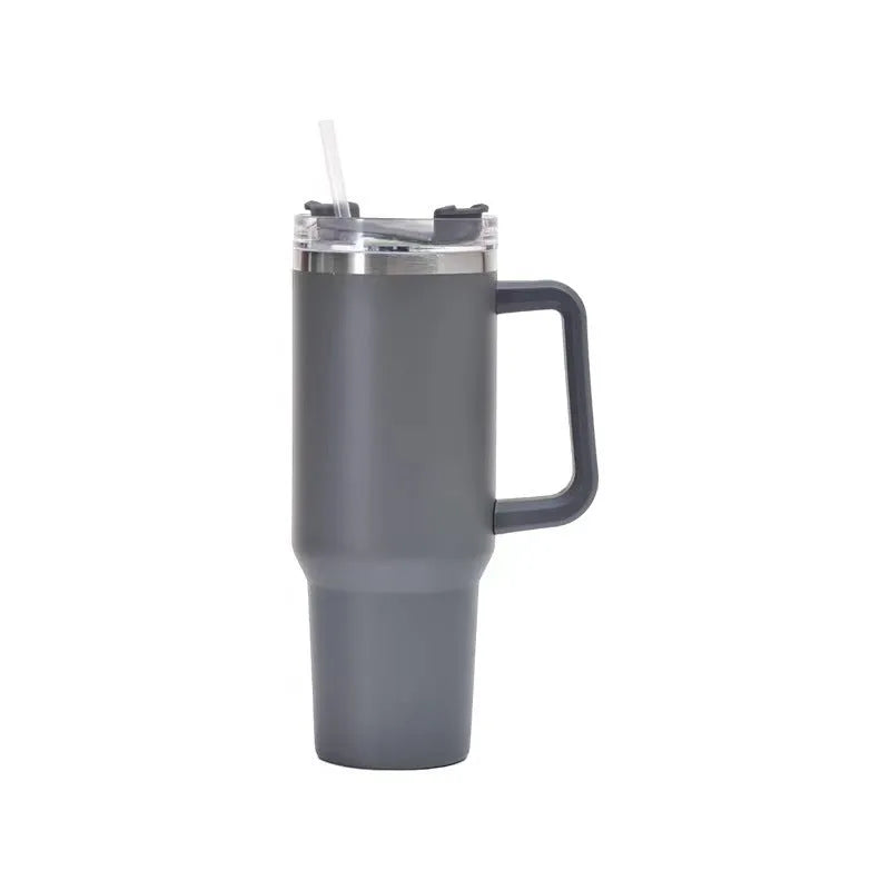 40oz stainless steel insulated cup in blue with handle and lock catch lid on a white background