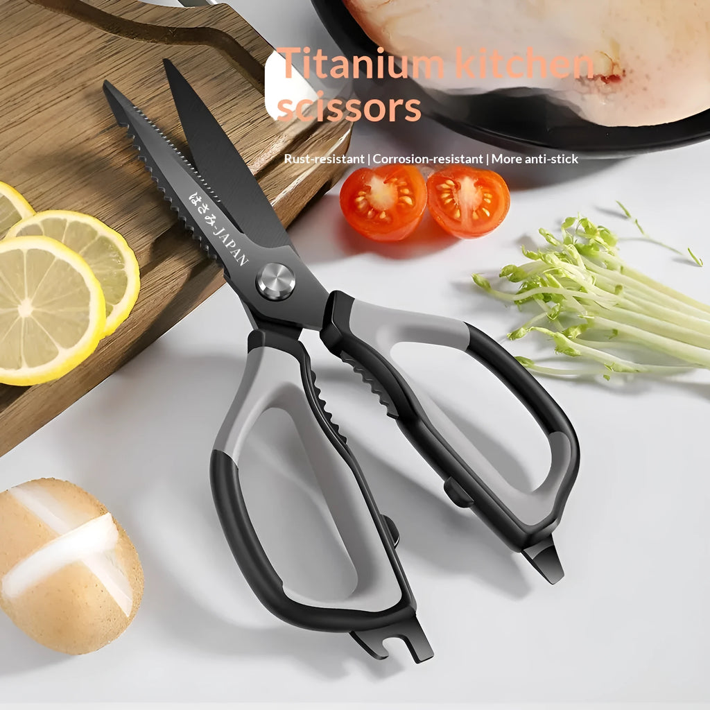 Large titanium-plated stainless steel kitchen scissors with double anti-rust coating for barbecue and home use