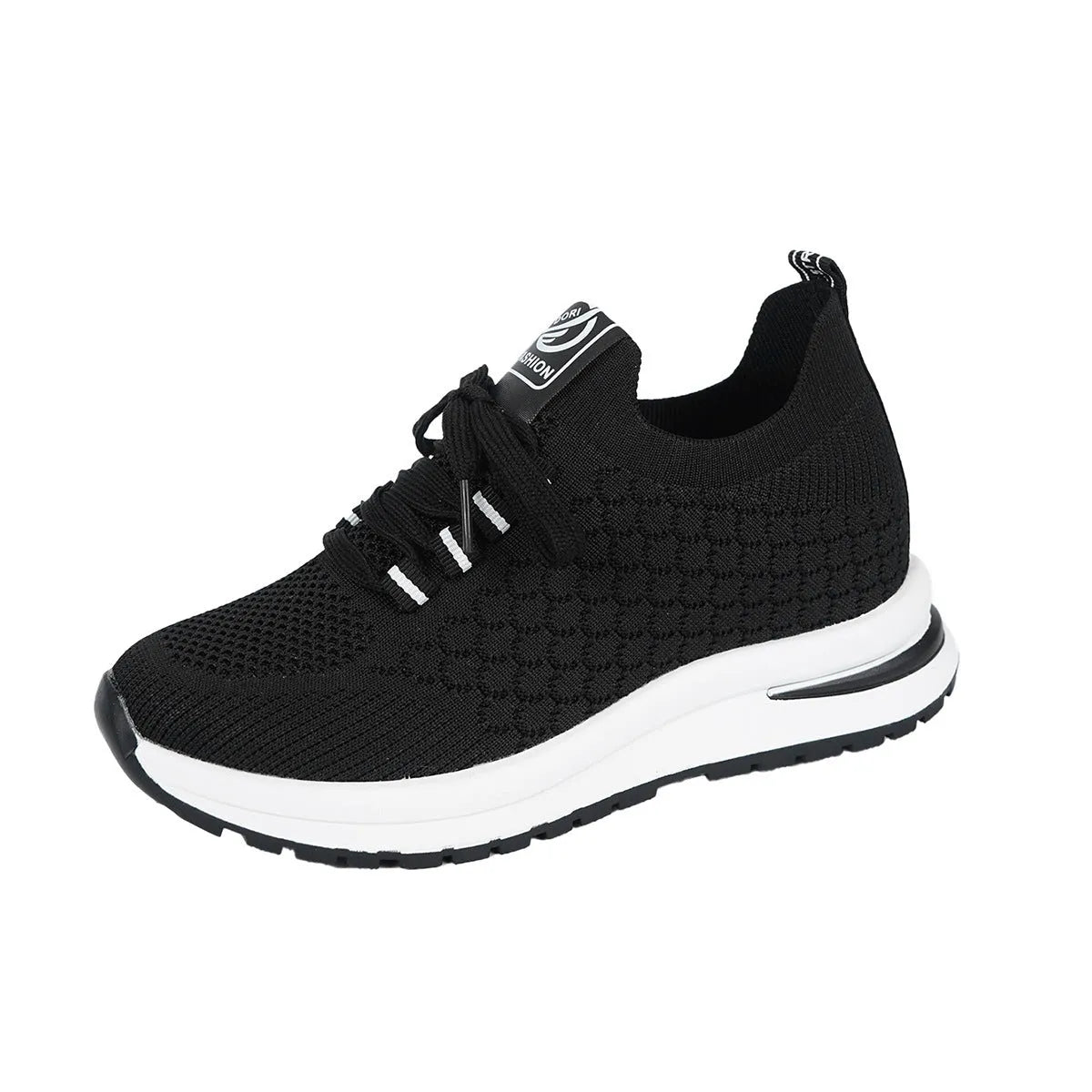 Women's black mesh lace-up sneakers with flat rubber sole and round toe