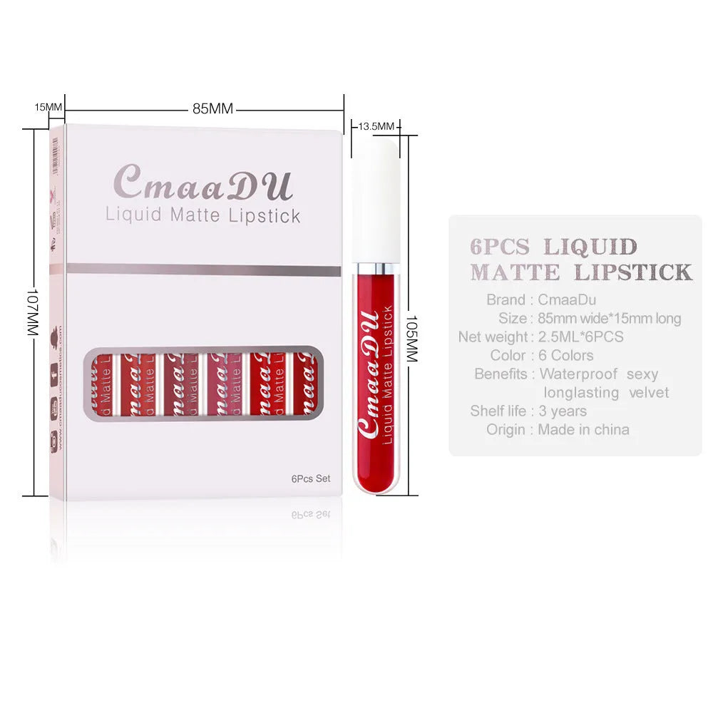 Six matte finish waterproof lip gloss tubes in a box, showing multivitamin formula and 2.5ml size.