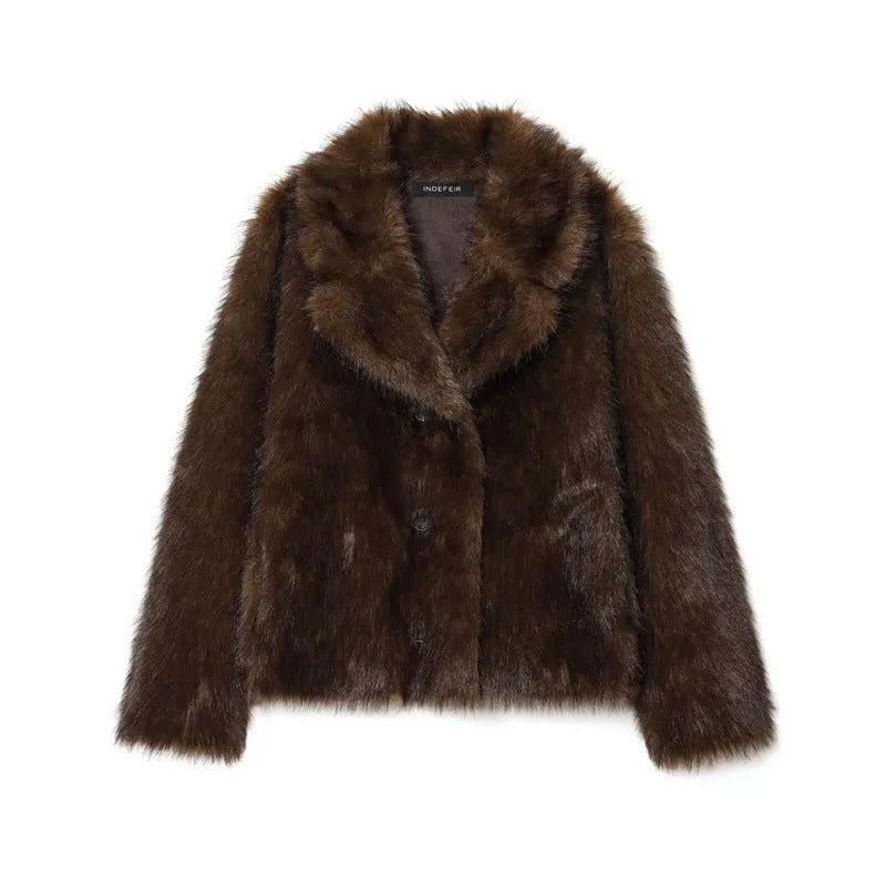 Women's double-sided brown artificial fur effect jacket with faux fur collar long sleeve