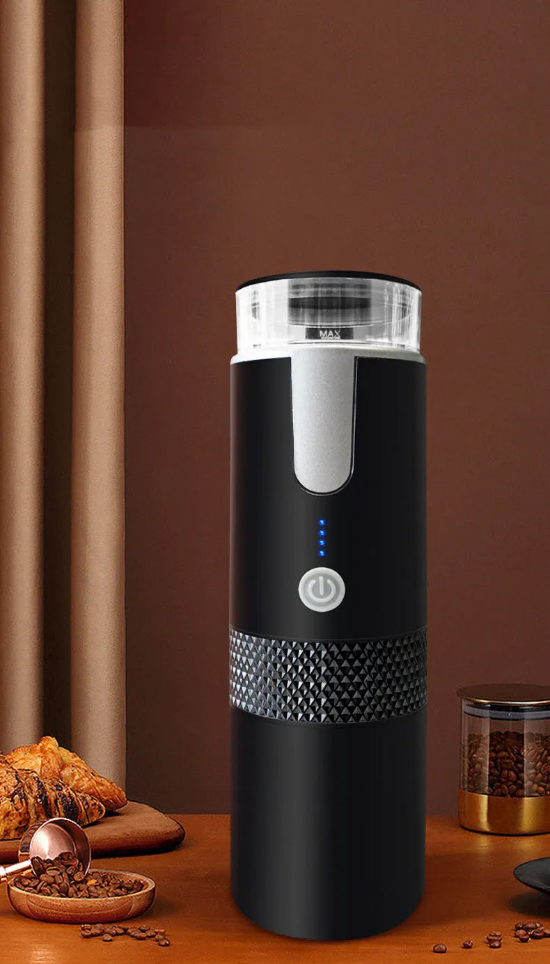 Black portable wireless electric coffee maker, 170ml tank, 1200mAh battery, USB charging, H245mm x 76mm