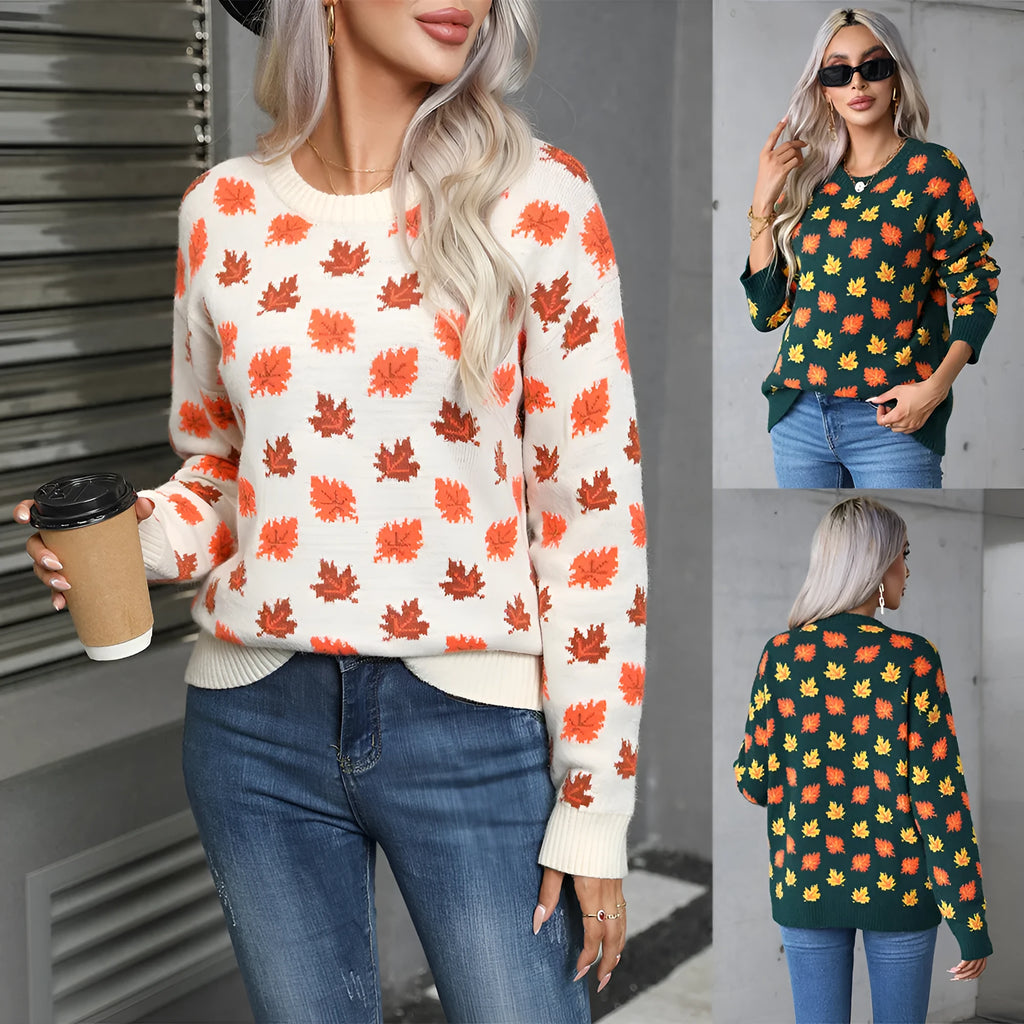 Maple leaf Christmas round neck pullover sweater in loose street fashion style
