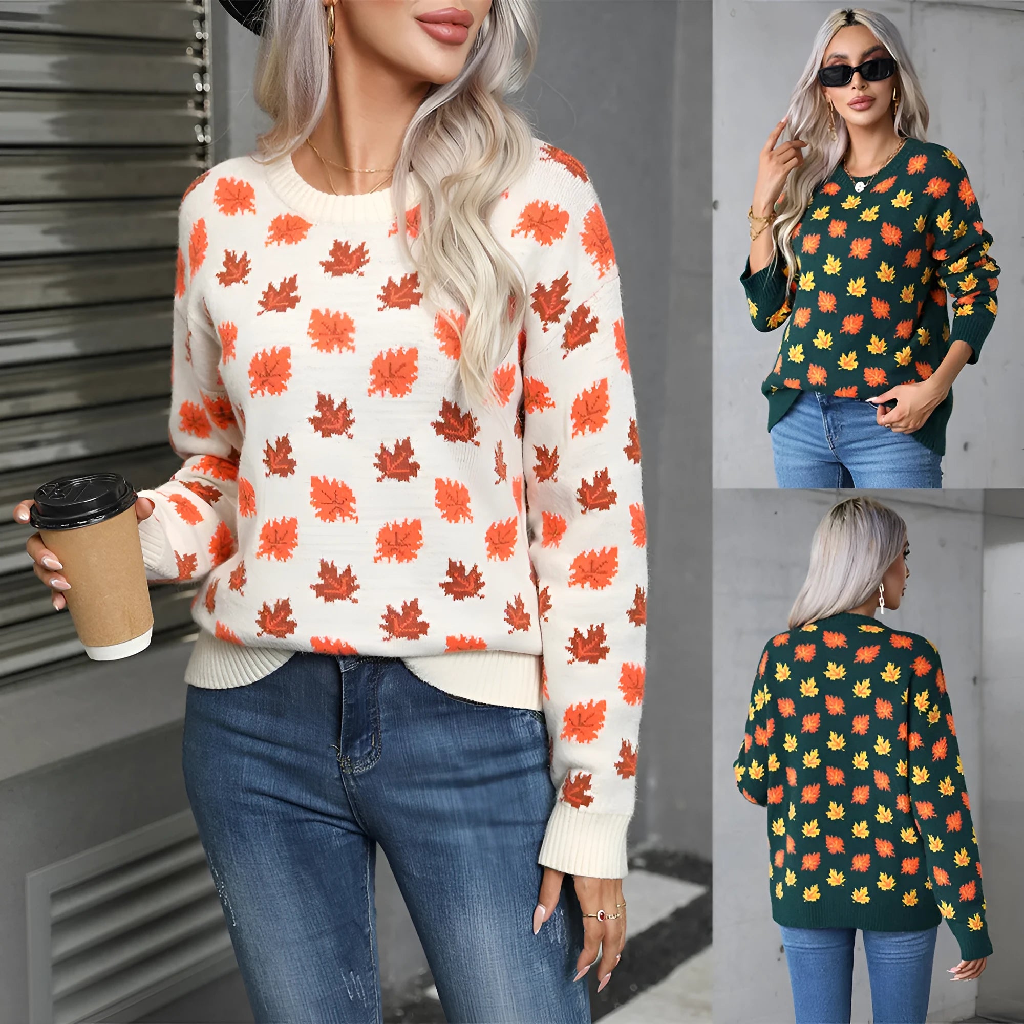 Maple leaf Christmas round neck pullover sweater in loose street fashion style