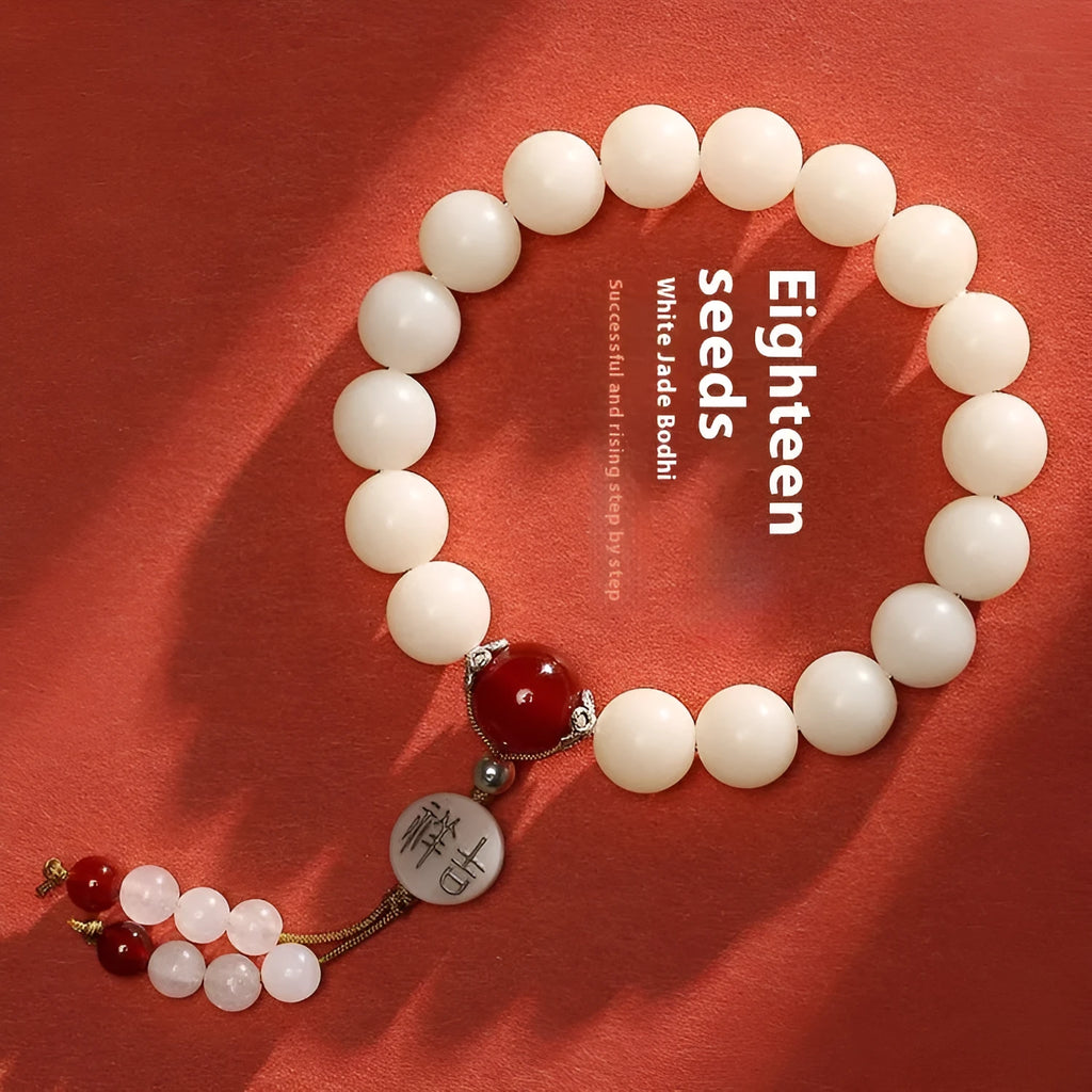 White jade bodhi couple bracelet with ruyi element and 10mm round beads.