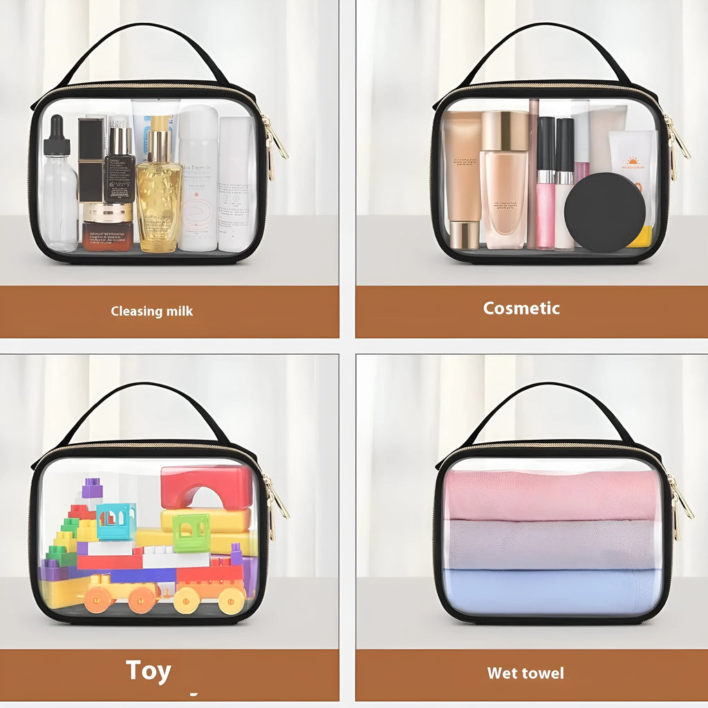 Transparent PVC makeup wash bag with detachable chain for lipstick storage in multiple colours