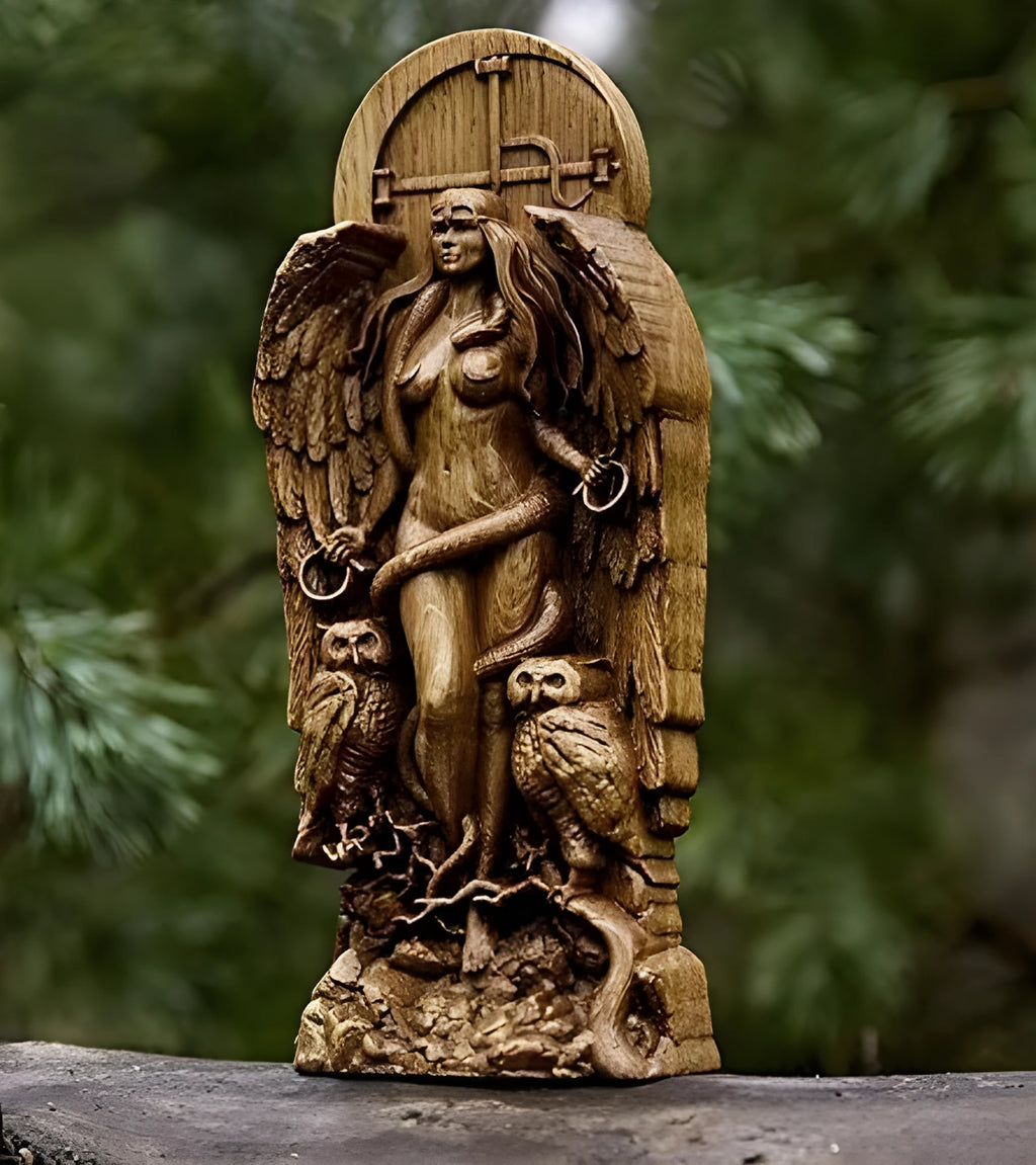 A detailed synthetic resin Greek goddess statue on a stand for altar or garden use.
