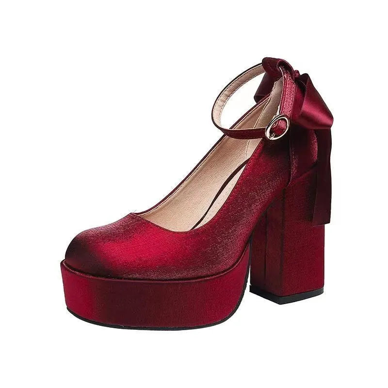 Women's waterproof platform wedding shoes with thick chunky heel in wine red colour with silk buckle detail