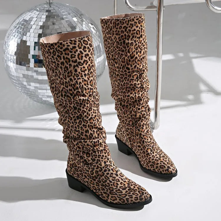 Brown women's leopard print square toe boots with chunky heel and high shaft design