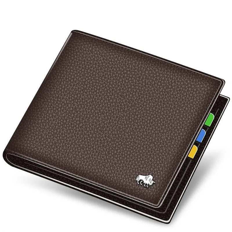 Men's first layer cowhide soft short wallet with multiple card slots in brown with gold logo and zipper