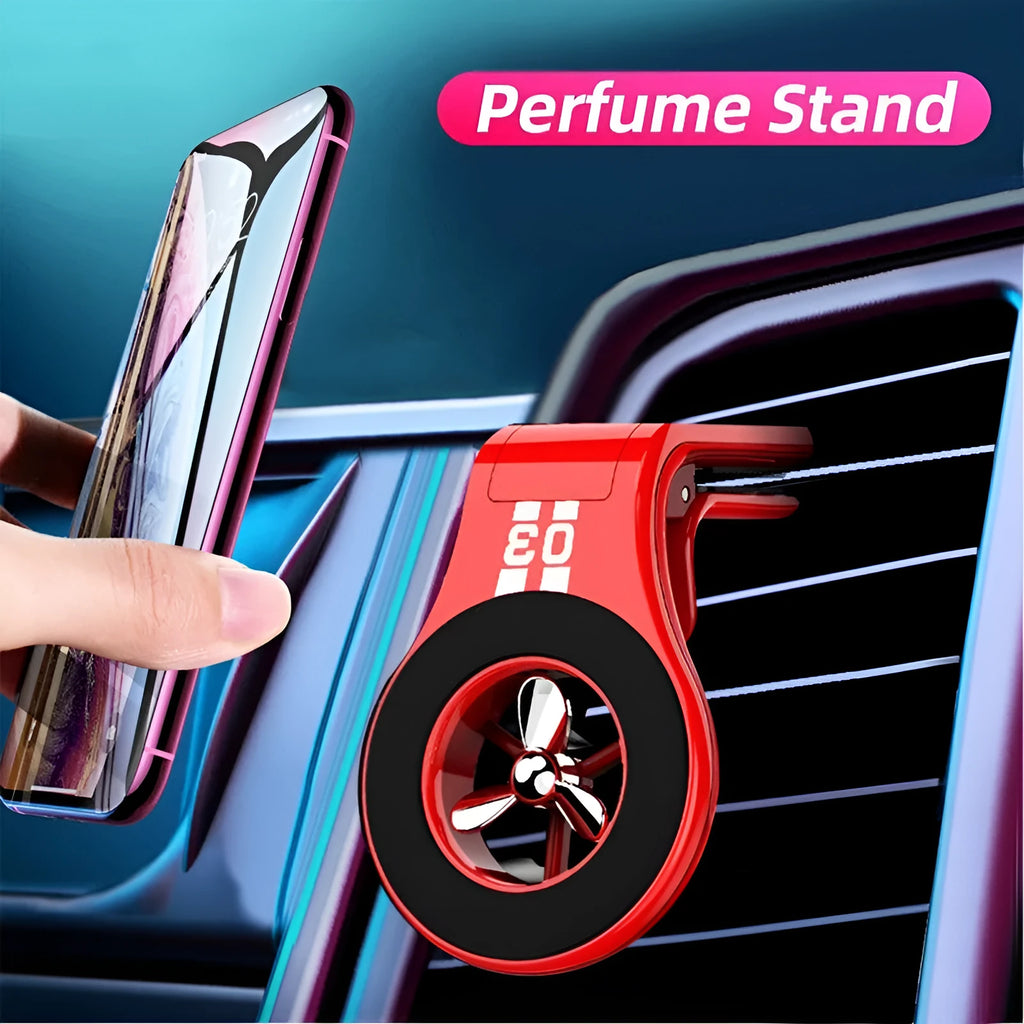 Magnetic car air vent phone holder with perfume diffuser in black, showing 360-degree rotation