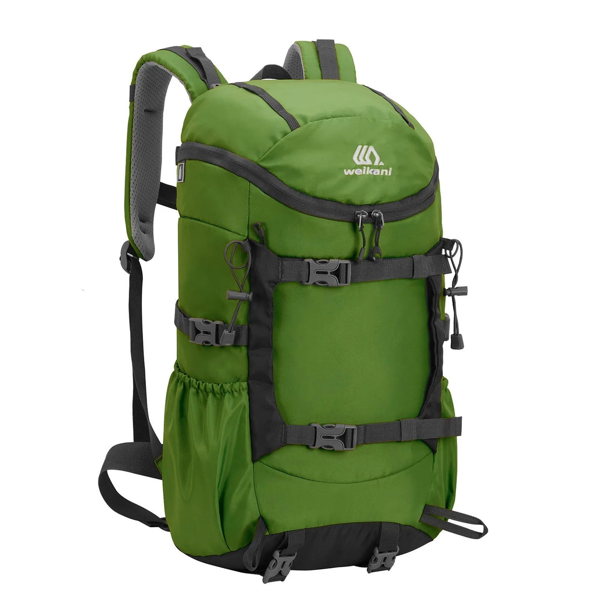 30L Oxford cloth backpack in army green with curved shoulder straps and front pocket, designed for hiking and camping outdoor sports