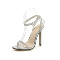 Black suede women's stiletto sandals with rhinestone decorations and shallow mouth design