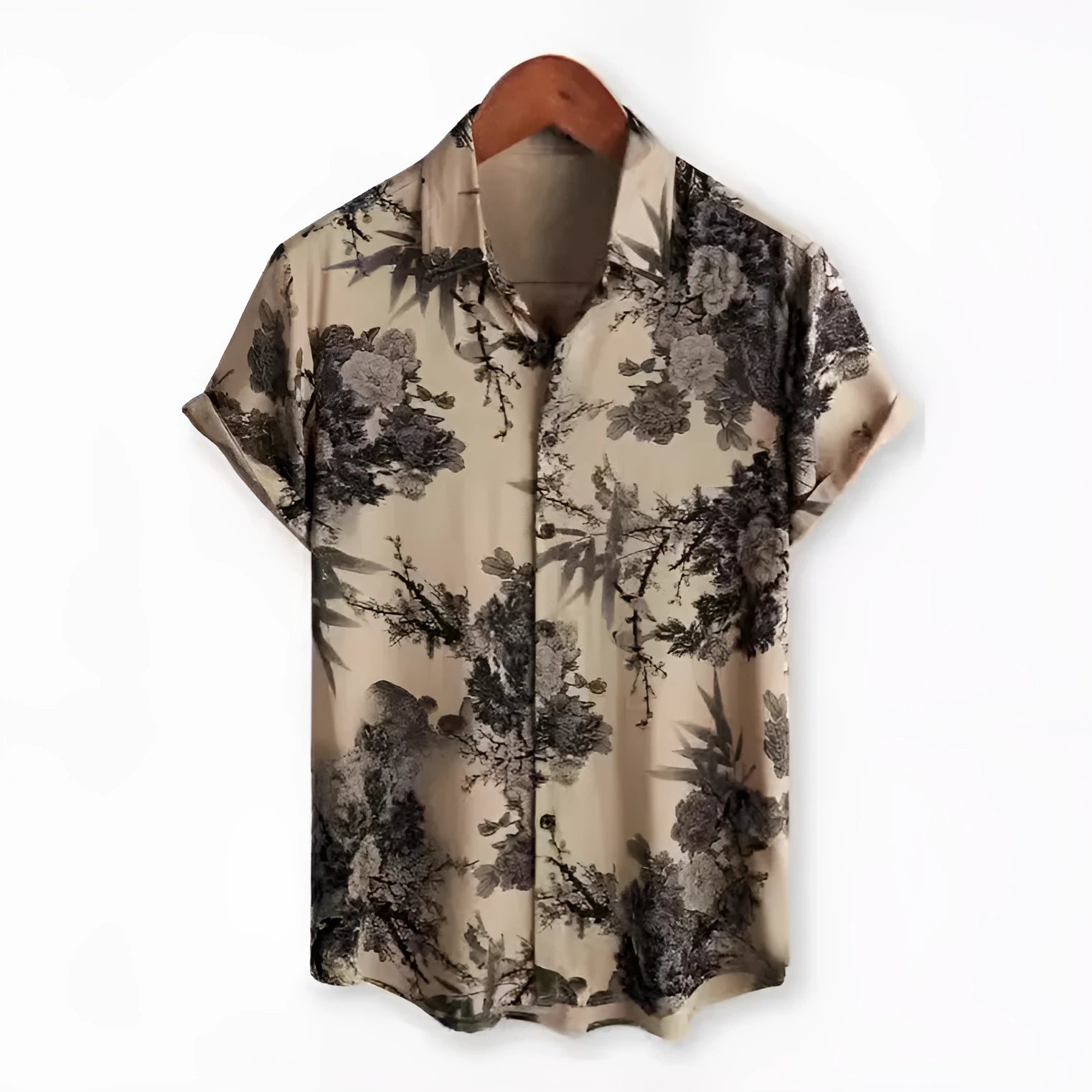 Man's short sleeve Hawaiian print shirt with lapel collar and floral pattern, shown in a casual setting.