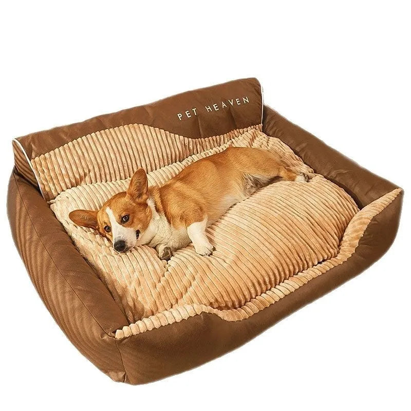 Warm brown cloth pet bed with sofa backrest, deep sleep kennel mat for dogs, available in four sizes