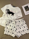 Sausage dog print short sleeve pajama set includes top and shorts in graphic-coloured suit