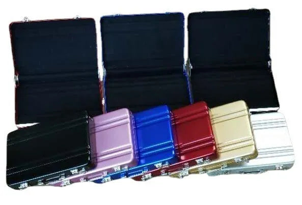 Aluminium alloy metal card holder in six colour options showing slim 16mm profile.