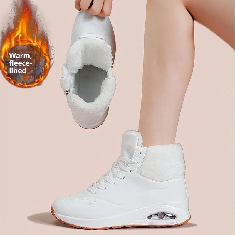 Women's fleece-lined snow boots with thick air-cushion sole, anti-slip design, mesh upper, front lacing, chain detail, low platform heel, in white, khaki, or black.