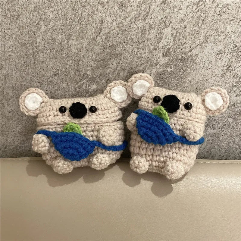Hand-knitted koala bear backpack design protective cover for Apple AirPods charging case.