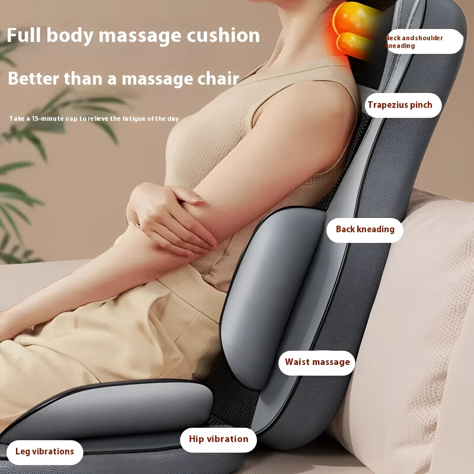 Grey massage back cushion with five-in-one mechanical and airbag massage for neck shoulders waist back hips
