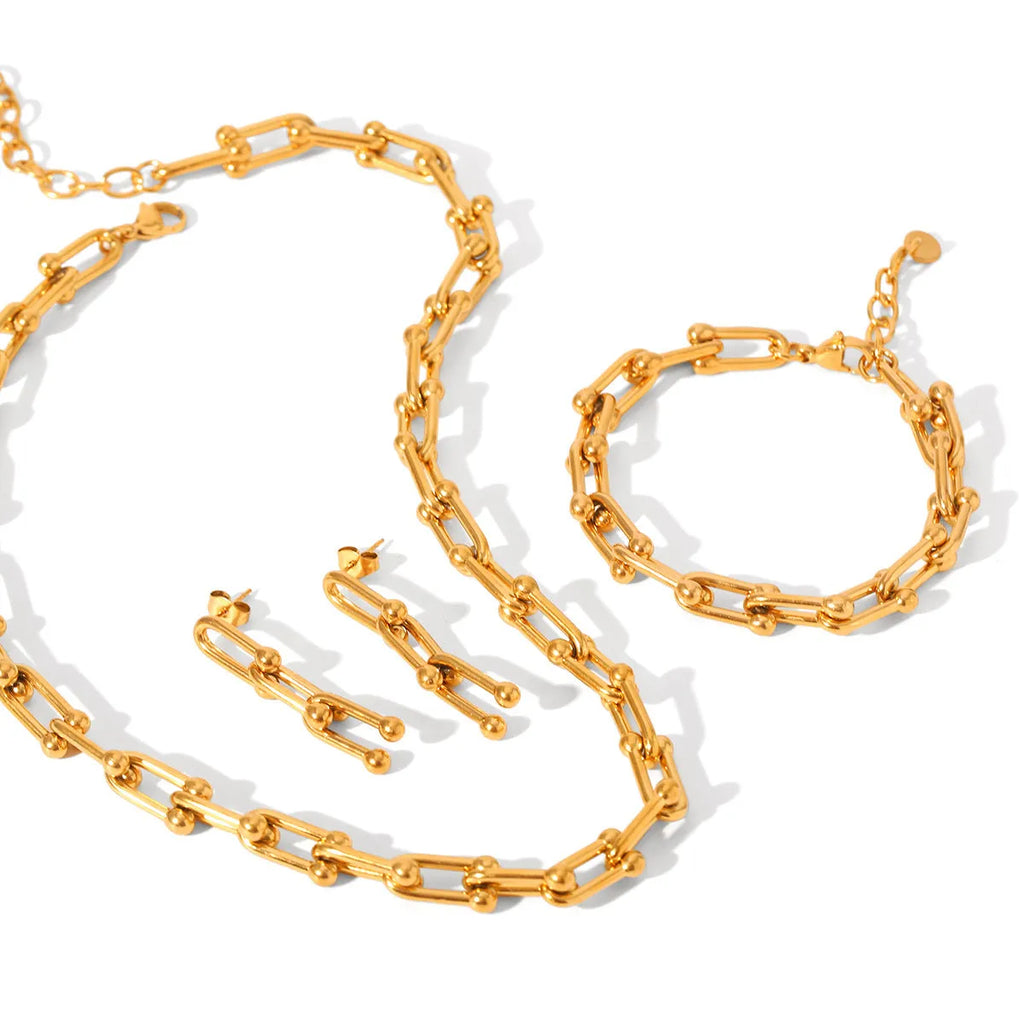 Stainless steel horseshoe jewellery set with necklace, bracelet, and earrings featuring titanium steel pendants