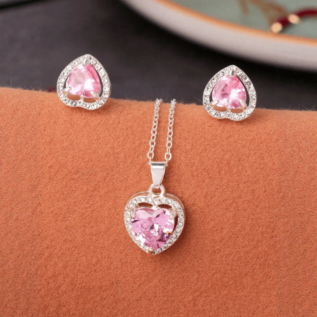 Crystal zircon heart-shaped pendant earring set in pink colour, cubic zirconia stones, stud design, approx 1.5 cm length