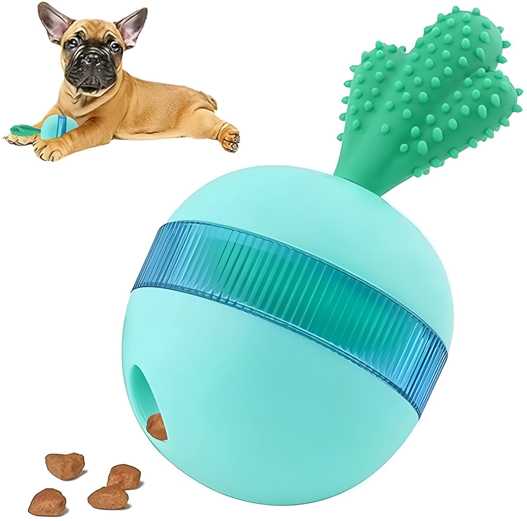 Blue and green durable rubber interactive dog treat dispenser puzzle ball for medium large dogs