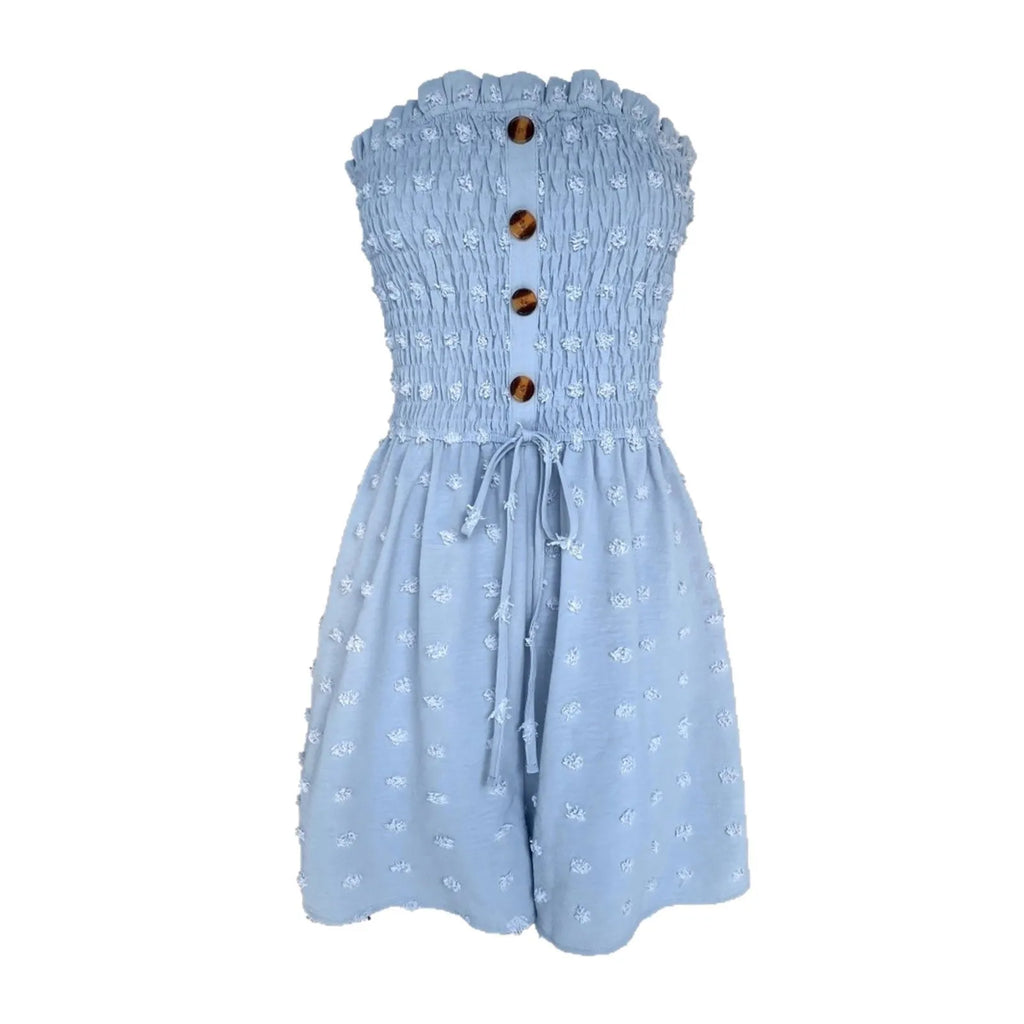 Blue off-shoulder women's jumpsuit with sleeveless design and mid waist on mannequin