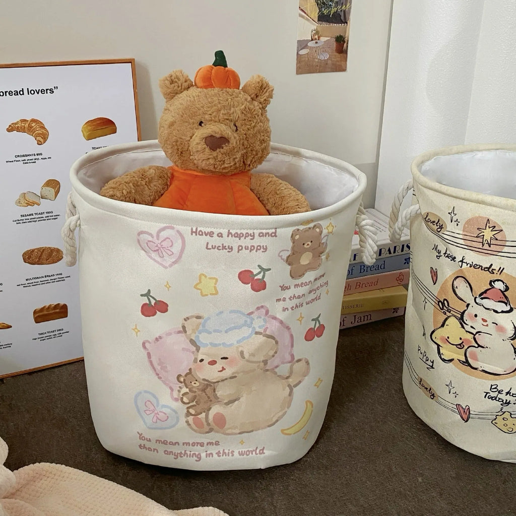 Foldable cotton laundry basket with bear design in modern simple style for bedroom storage
