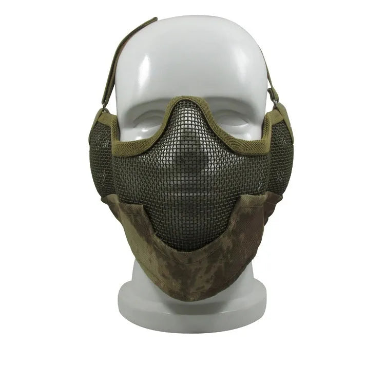 Carbon steel face protection mask in a head-mounted design on a mannequin head.