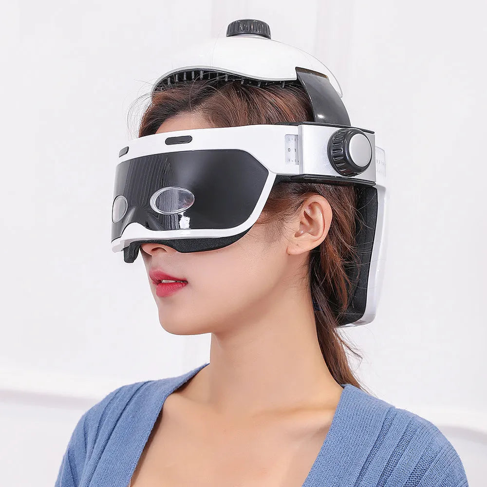 White and black electric eye massager with hot compress, air pressure massage and adjustable size for eye and head massage