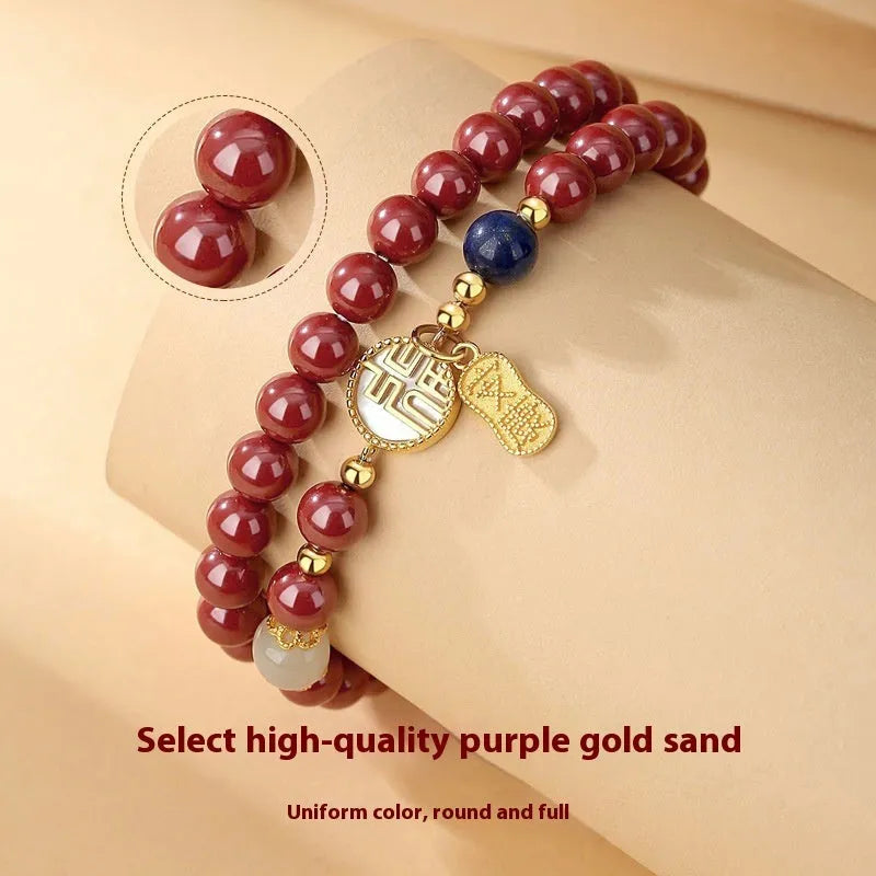 S925 sterling silver bracelet with 6mm beads, white shell, cinnabar, and a purple gold sandstone blessing card charm.