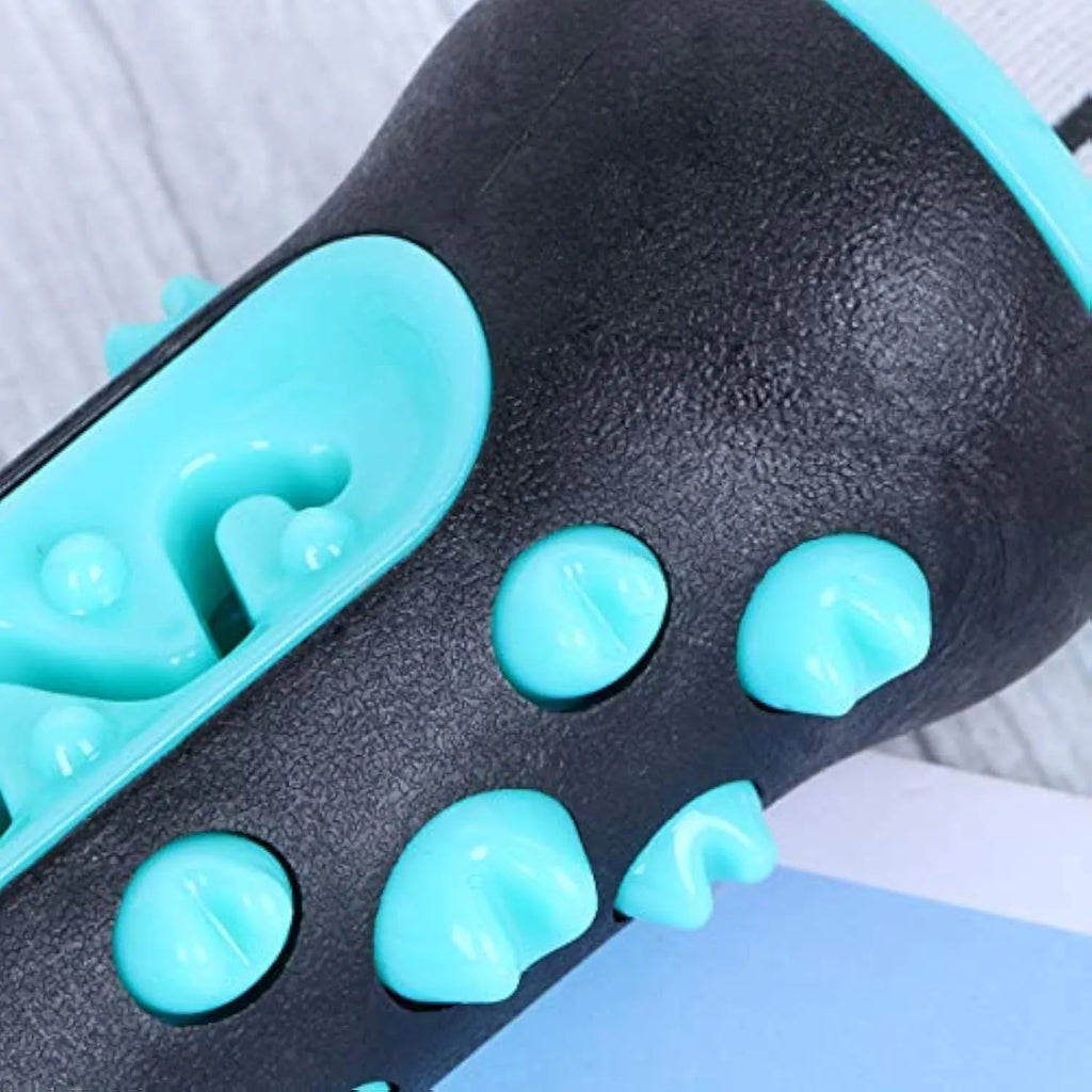 Natural rubber dog dental chew toy with cleaning nubs in blue, green, yellow, and black blue.